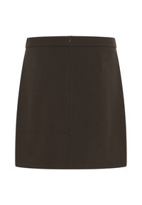 Jupe noire en forme de A avec une texture lisse, dotée d'une fermeture éclair dissimulée à l'arrière et de poches latérales discrètes, offrant un design minimaliste.