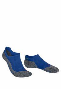 Calzini sportivi blu con punta e tallone grigi texture, caratterizzati da una parte superiore liscia e piccoli dettagli di branding in verde e rosso.
