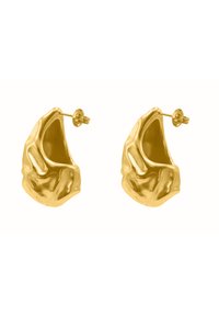 Orecchini color oro con un design ondulato e scultoreo, caratterizzati da una superficie lucida e una chiusura a perno.