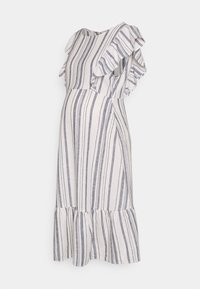 Vestido de maternidade riscado com mangas rufadas, apresentando riscas azul-marinho e brancas, bainha fluida e textura de tecido suave.