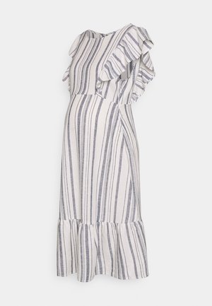 Vestido de maternidade riscado com mangas rufadas, apresentando riscas azul-marinho e brancas, bainha fluida e textura de tecido suave.