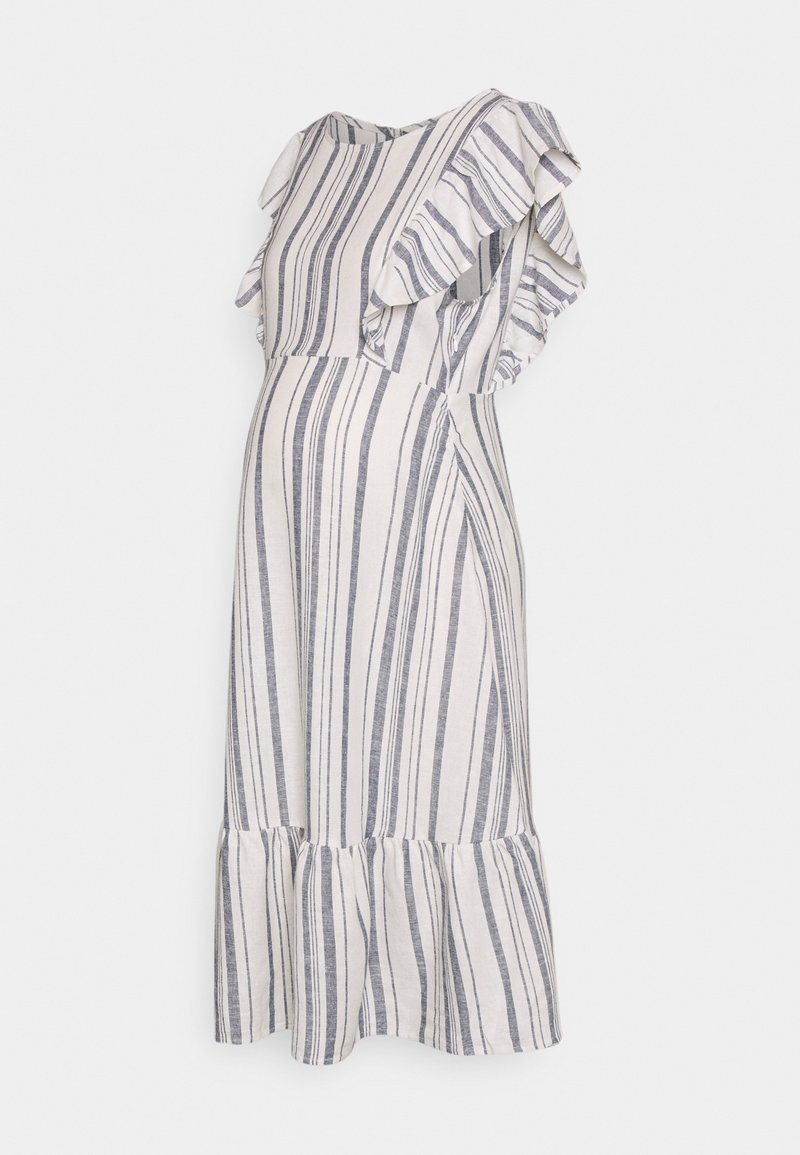 Vestido de maternidade riscado com mangas rufadas, apresentando riscas azul-marinho e brancas, bainha fluida e textura de tecido suave.