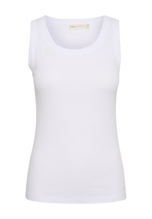 Weißes, geripptes ärmelloses Tanktop mit Rundhalsausschnitt, kleinem Markenschild innen am Kragen und figurbetonter Form.