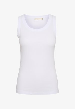 Débardeur blanc côtelé sans manches avec encolure dégagée, petite étiquette de marque à l'intérieur du col et coupe ajustée.