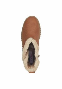 Bruine neplederen enkelboot met een pluizige beige voering en een gestructureerde zool. Heeft een zijgesp detail en een gevoerde binnenkant.