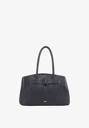 Zwarte leren handtas met twee bovenhandvatten, een rechthoekige gespsluiting aan de voorkant en een klein gouden logo nabij het onderste midden.