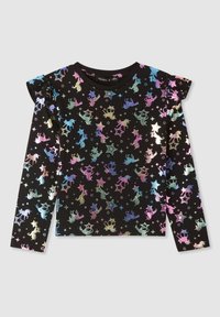 Czarna, długi rękaw t-shirt z kolorowymi, błyszczącymi nadrukami jednorożców i gwiazd. Falbaniaste akcenty na ramionach dodają tekstury. Miękka, elastyczna tkanina.
