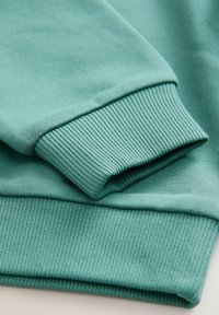 Grøn sweatshirt med ribbede manchetter og kant, blød tekstur og en afslappet pasform. Stoffet fremstår elastisk og behageligt.