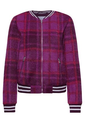 Lila karierte Bomberjacke mit Reißverschluss, Seitentaschen, Wollstruktur und gestreiften Rippbündchen und -saum. Dickes, lässiges Design.