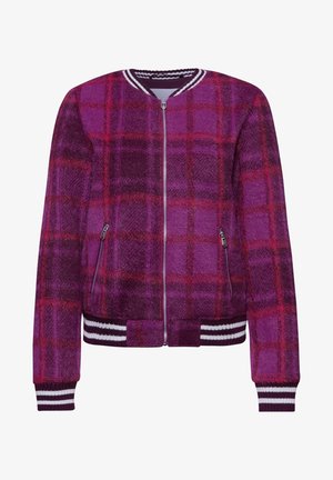 Veste bomber à carreaux violets avec zip à l'avant, poches latérales, texture en laine et poignets et ourlet à côtes rayées. Design épais et décontracté.