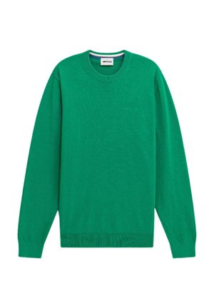 Grüner Strickpullover mit langen Ärmeln, rundem Halsausschnitt und geripptem Saum. Mit dezentem Logo-Detail auf der Vorderseite. Weicher Stoff, mittlere Dicke.