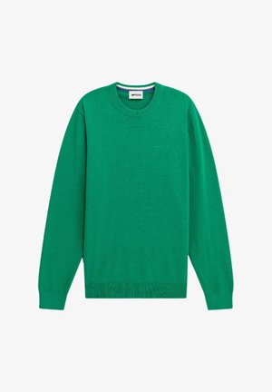 Maglione verde a maglia con maniche lunghe, scollo rotondo e orlo a costine. Presenta un sottile dettaglio del logo sul davanti. Texture morbida, spessore medio.