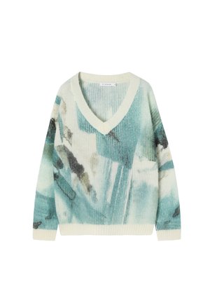 Pull à col en V avec un motif abstrait multicolore en turquoise, crème et noir. Fabriqué en tissu tricoté texturé avec des poignets et un ourlet côtelés.