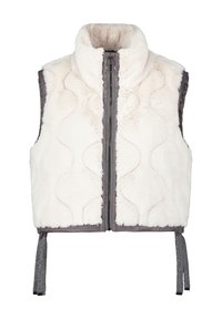 Weißer Kunstpelz-Westen mit hohem Kragen, gestepptem Muster, grauer Innenfutter, Frontreißverschluss und verstellbaren Seitenschnüren. Weiches und warmes Design.