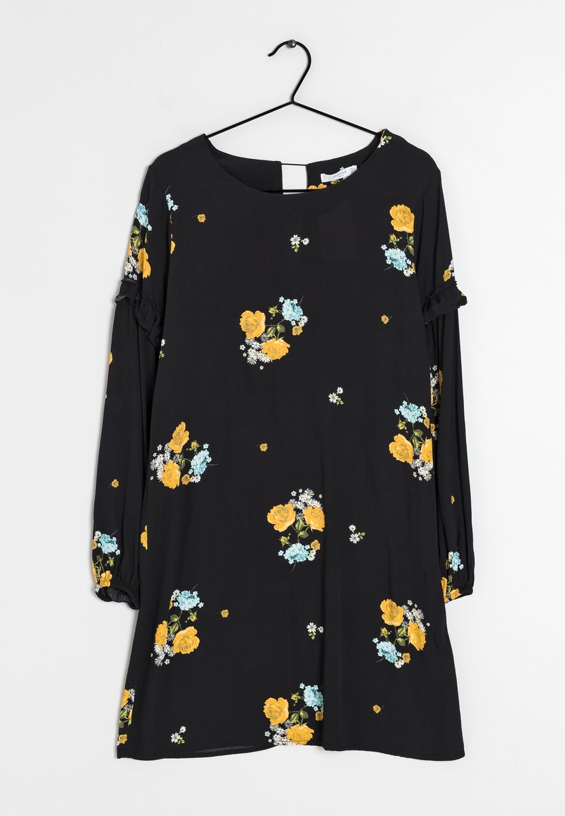 Musta kukallinen mekko pitkillä hihoilla, jossa on keltaisia ruusuja ja sinisiä kukkia, kootut hihat ja avaus selkäpuolella.