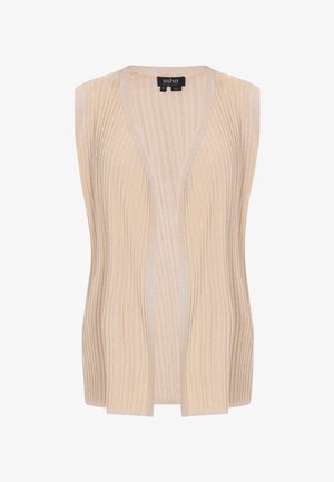 Ærmeløs, beige ribstrikket vest med åben front og let glans, mærket Usha Black Label, størrelse XS/S.