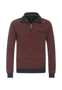 Halb-zip Pullover in Dunkelrot mit strukturierter Oberfläche, ausgestattet mit einem schwarzen Kragen und Taschenakzent. Lange Ärmel mit gerippten Bündchen und Saum.
