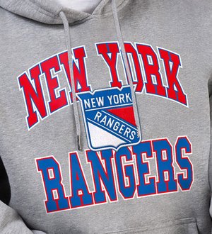 Gray hooded sweatshirt featuring red and blue text "NEW YORK RANGERS" and a shield logo in similar colors, made from soft fabric.