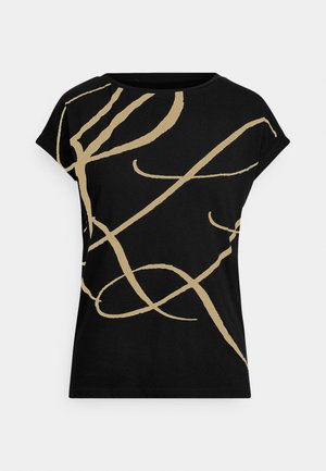 Black t-shirt featuring gold abstract line patterns, short sleeves, and a round neckline. Made from soft, lightweight fabric.