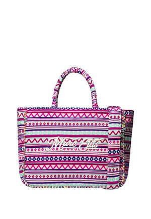 Sac fourre-tout rayé coloré avec des motifs géométriques roses, bleus et turquoises, deux poignées, et "Marc Ellis" brodé sur le devant.