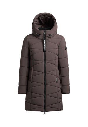 Brown padded coat with a high collar, front zip closure, and diagonal quilted pattern. Features two side pockets and a branded tag.