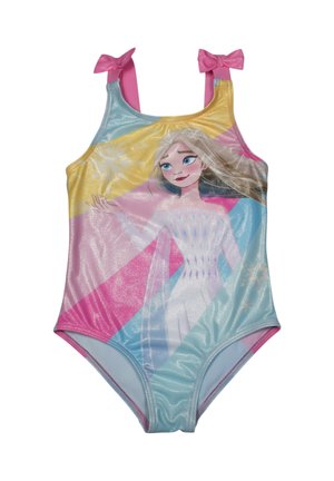 Mädchen-Einteiler-Badeanzug mit rosa Trägern und Schleifen, mit buntem Design und animierter weiblicher Figur mit langen Haaren und fließendem Kleid.