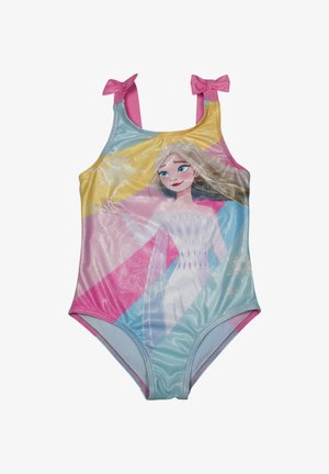 Costume intero da ragazza con spalline e fiocchi rosa, caratterizzato da un design colorato e un personaggio animato femminile con capelli lunghi e vestito fluente.