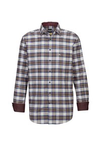 Camicia a quadri con bottoni caratterizzata da un motivo a scacchi in marrone, blu e bianco. Maniche lunghe con polsini bordeaux, colletto classico e taschino frontale.