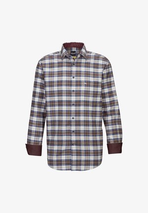 Camicia a quadri con bottoni caratterizzata da un motivo a scacchi in marrone, blu e bianco. Maniche lunghe con polsini bordeaux, colletto classico e taschino frontale.