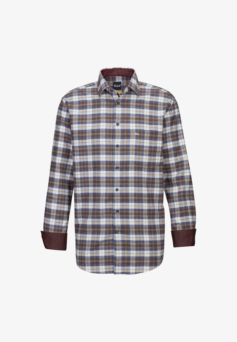 Camicia a quadri con bottoni caratterizzata da un motivo a scacchi in marrone, blu e bianco. Maniche lunghe con polsini bordeaux, colletto classico e taschino frontale.