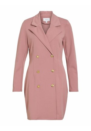 Robe blazer rose poudré à double boutonnage, manches longues, larges revers et six boutons dorés à l'avant.