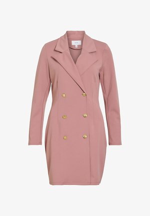 Abito blazer doppiopetto color rosa polvere con maniche lunghe, ampi revers e sei bottoni dorati sul davanti.