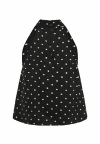 Čierny halter top s bielymi bodkami, s vysokým golierom, zapínaním na gombík a sieťovanými stranami. Hladká tkanina s plynulým strihom.