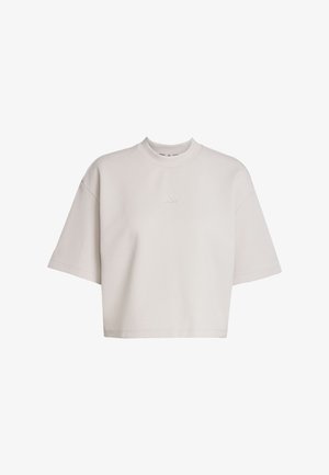 Hellgraues, kurz geschnittenes Sweatshirt mit kurzen Ärmeln, gerippter Struktur und rundem Ausschnitt. Verfügt über ein dezentes, tonales Logo auf der Brust.