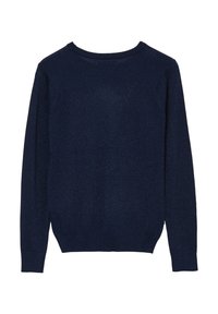 Maglione blu navy, materiale in maglia morbido, scollatura a girocollo, maniche lunghe, polsini e orlo a costine, sottile luccichio in tutto il tessuto.