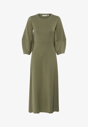 Oliwkowa sukienka do kolan wykonana z miękkiego materiału, z okrągłym dekoltem i objętościowymi długimi rękawami, z przeszyciem w talii.