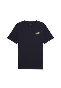 Tumedast puuvillane T-särk lühikeste varrukatega, mille vasakul rinnanäärel on valge Puma logo ja kollane brändinimi. Klassikaline ümmargune kaelus.