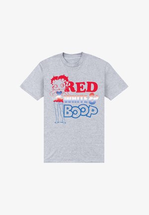 Szara bawełniana koszulka z krótkim rękawem, z grafiką postaci oraz wyraźnym napisem w czerwonym, białym i niebieskim kolorze: "CZERWONY, BIAŁY & BOOP."