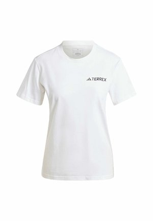 White cotton T-shirt with short sleeves. Features a crew neckline and "TERREX" logo in gray on the left side. Simple design.