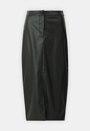 Fustă midi din piele ecologică neagră, cu închidere prin nasturi în față, buzunare laterale și o siluetă dreaptă, având o textură netedă și lucioasă.