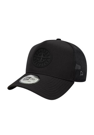 Schwarze verstellbare Mesh-Trucker-Cap mit geprägtem Seattle Mariners-Logo vorne und New Era-Aufkleber auf dem gebogenen Schirm.