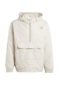 Svijetlo bež jakna s kapuljačom, polu-zip prednjim dijelom i prednjim džepom. Ima rastezljive manžete i suptilan logotip na prsima.