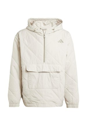 Light beige quilted jacket with a hood, half-zip front, and a front pouch pocket. Features elastic cuffs and a subtle logo on the chest.
