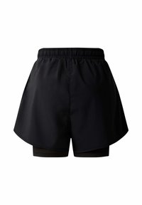 Bermudas deportivas negras con una amplia cinturilla elástica, un diseño en capas que incluye una capa exterior y pantalones cortos interiores, y bolsillos laterales.
