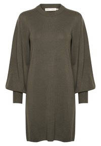 Olivgrön stickad klänning med långa ballongärmar och tighta ribbade manschetter, med rund halsringning och rak silhuett.