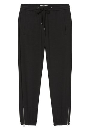 Pantalon de jogging noir avec taille élastique, cordon de serrage, poches latérales, jambes resserrées et fermetures éclair aux chevilles.