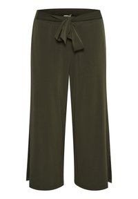 Olivgröna beskurna byxor med knytbälte, elastisk midja och sidofickor för enkel rörelse. Mjukt, lättviktigt tyg.