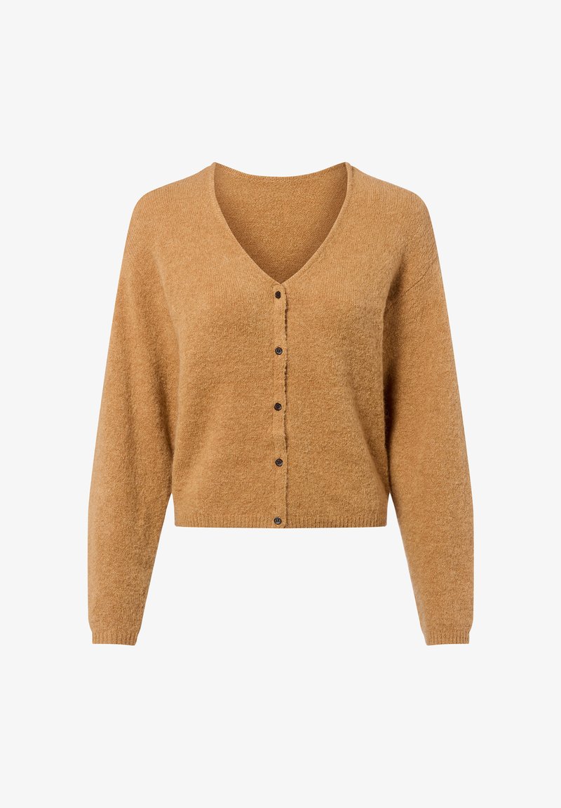 Mustard-colored cardigan with a V-neck, long sleeves, and button front. Made of soft textured material, featuring dark buttons and a cropped design.