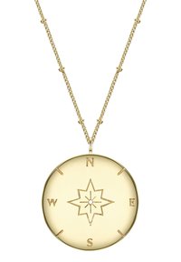 Collana con pendente a forma di bussole in oro, caratterizzata da un design a stella e dalle direzioni cardinali (N, E, S, O) incise su una superficie circolare liscia.