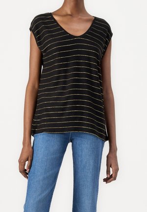 Black short-sleeve top with a V-neck, featuring gold horizontal stripes. Soft fabric with a relaxed fit, paired with blue wide-leg jeans.